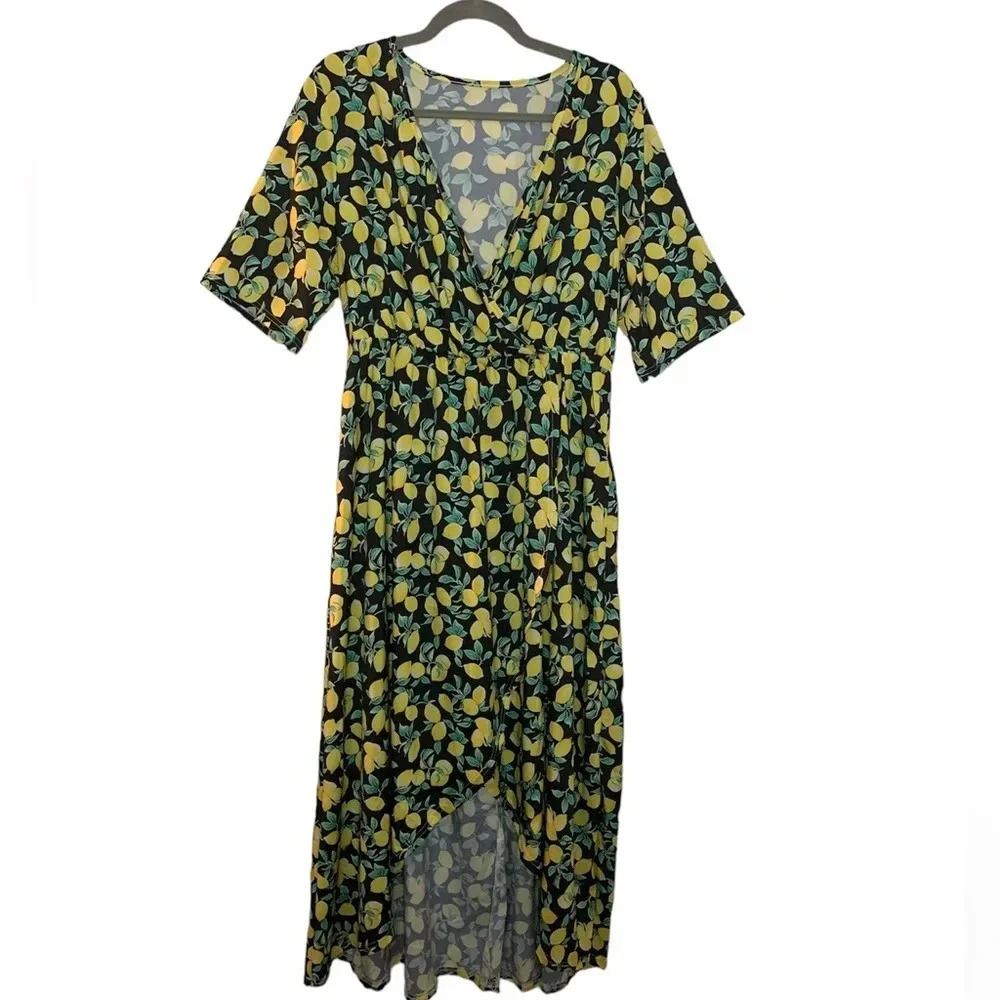 Faux Wrap High Low Lemon Dress - Picture 5 of 9